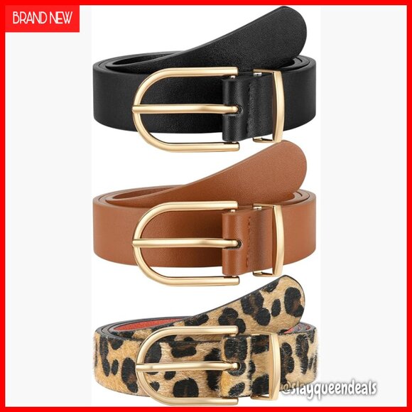 Accessories - 3 Pack Women's Faux Leather Belts Gold Buckle for Jeans Dresses
